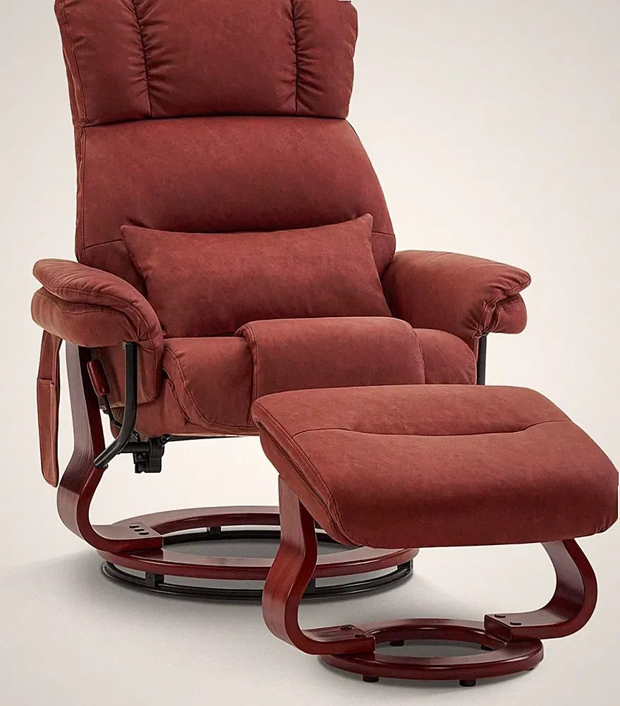 Burgundy Swivel Recliner with Ottoman & Vibration Massage for Ultimate Comfort