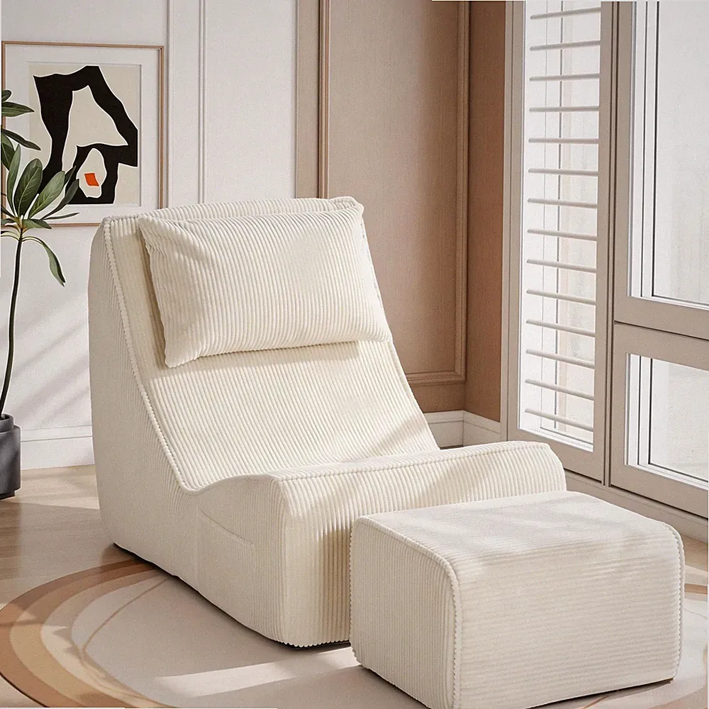 Chaise Longue Chair with Ottoman, Boneless Accent Recliner Chair with Washabl...