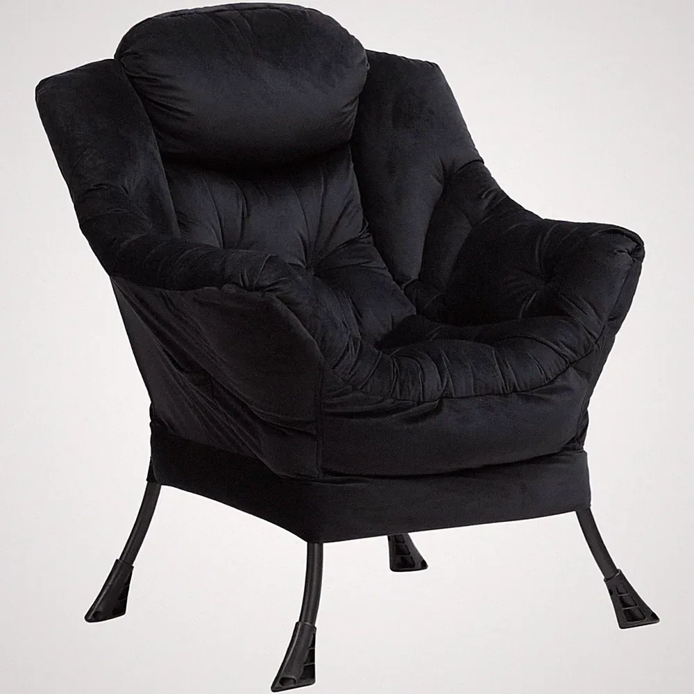 Comfy Velvet Black Lounge Chair with Side Pocket - Perfect for Gaming & Reading