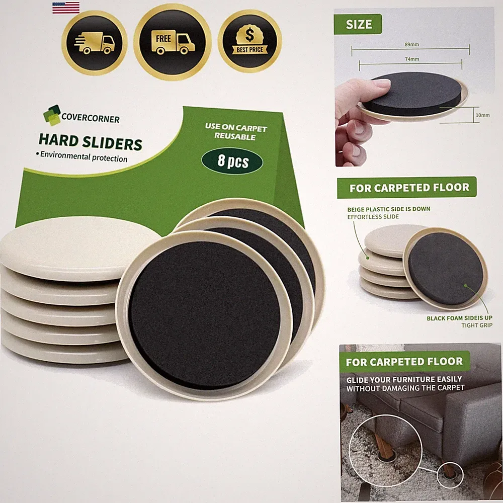 Furniture Sliders for Carpet 8 PCS Round Plastic Protectors Easy Moving Large