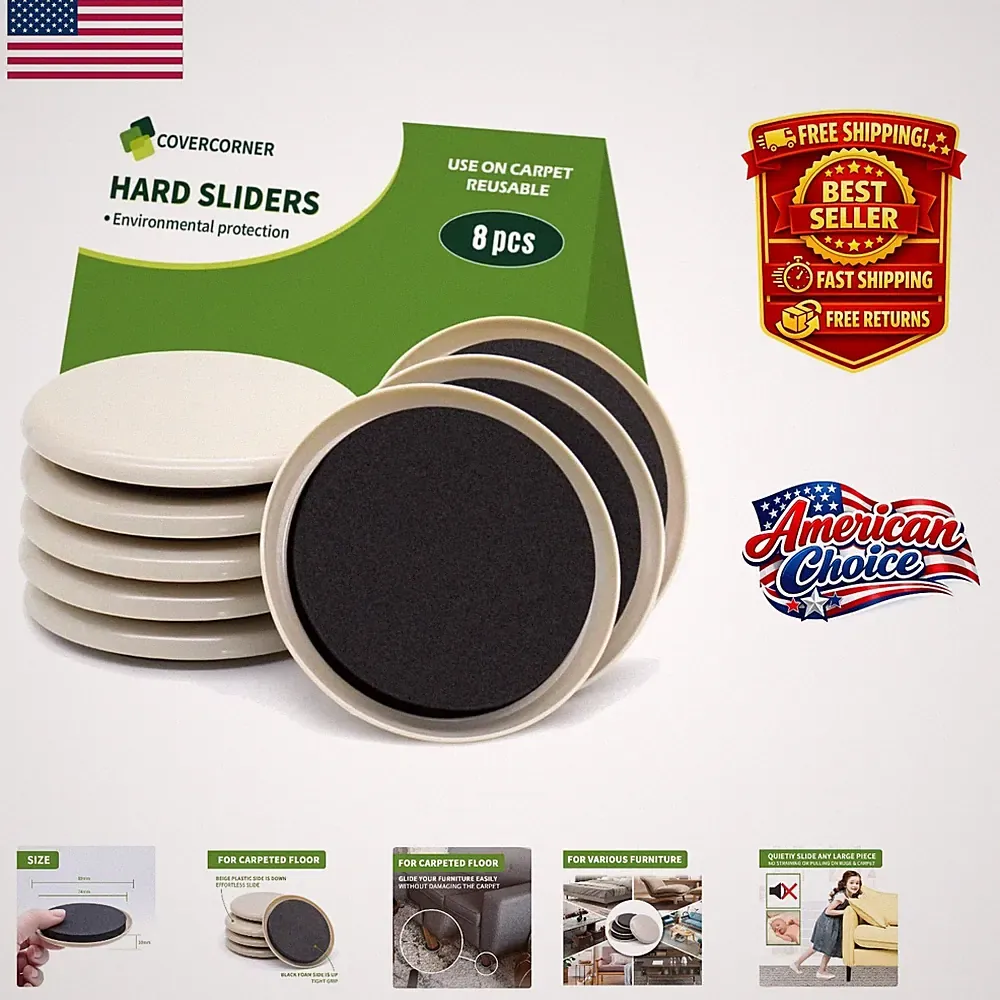 Reusable 8-Piece Furniture Sliders for Heavy Items on Carpet - 3.5 Inch Diameter