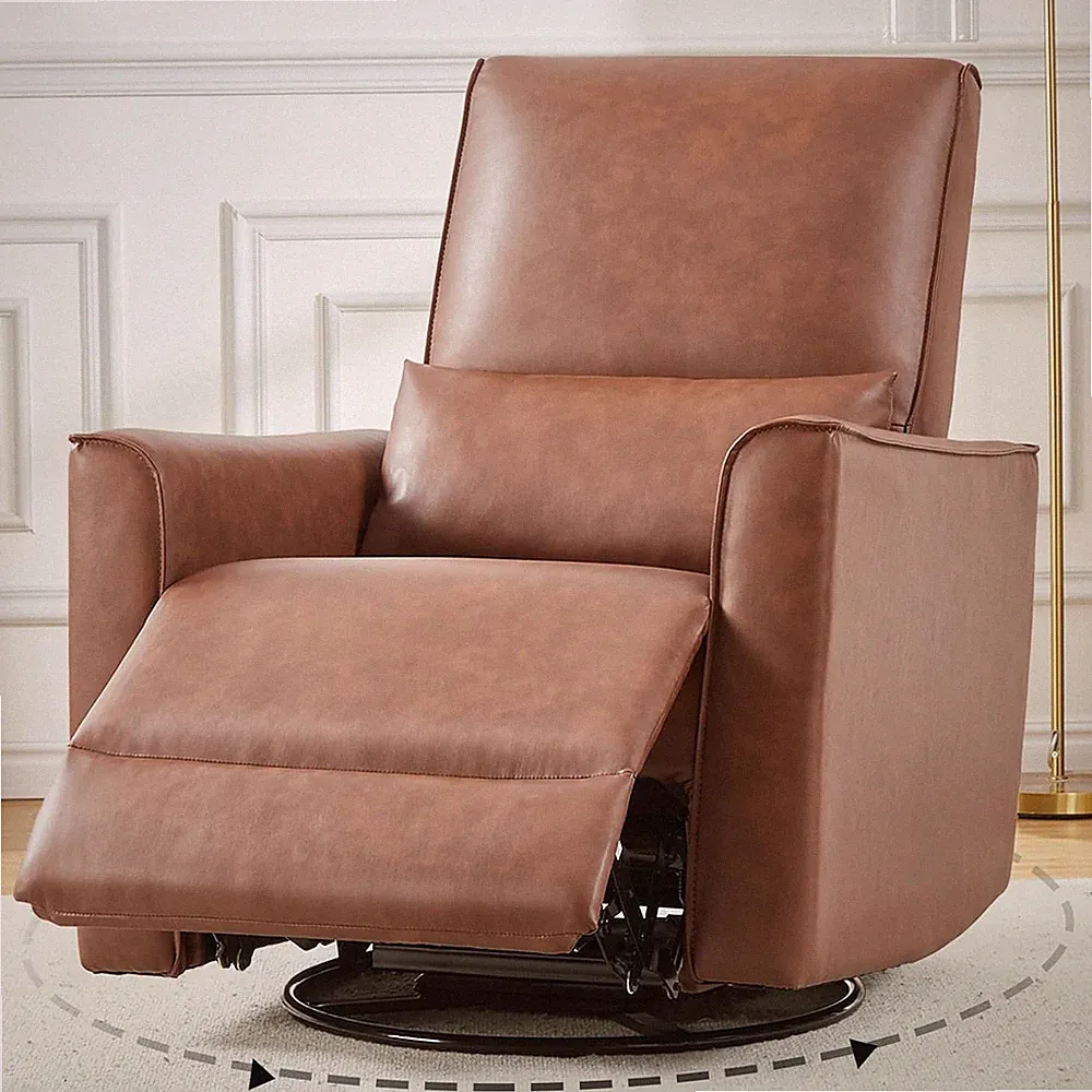 Swivel Rocking Recliner Chair, Upholstered Faux Leather Glider Recliner with Lum